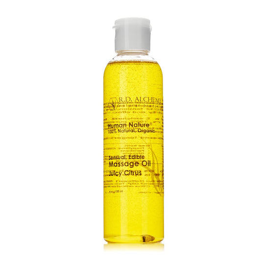 RD Alchemy Juicy Citrus massage oil bottle highlighting natural, edible formula for a refreshing massage experience