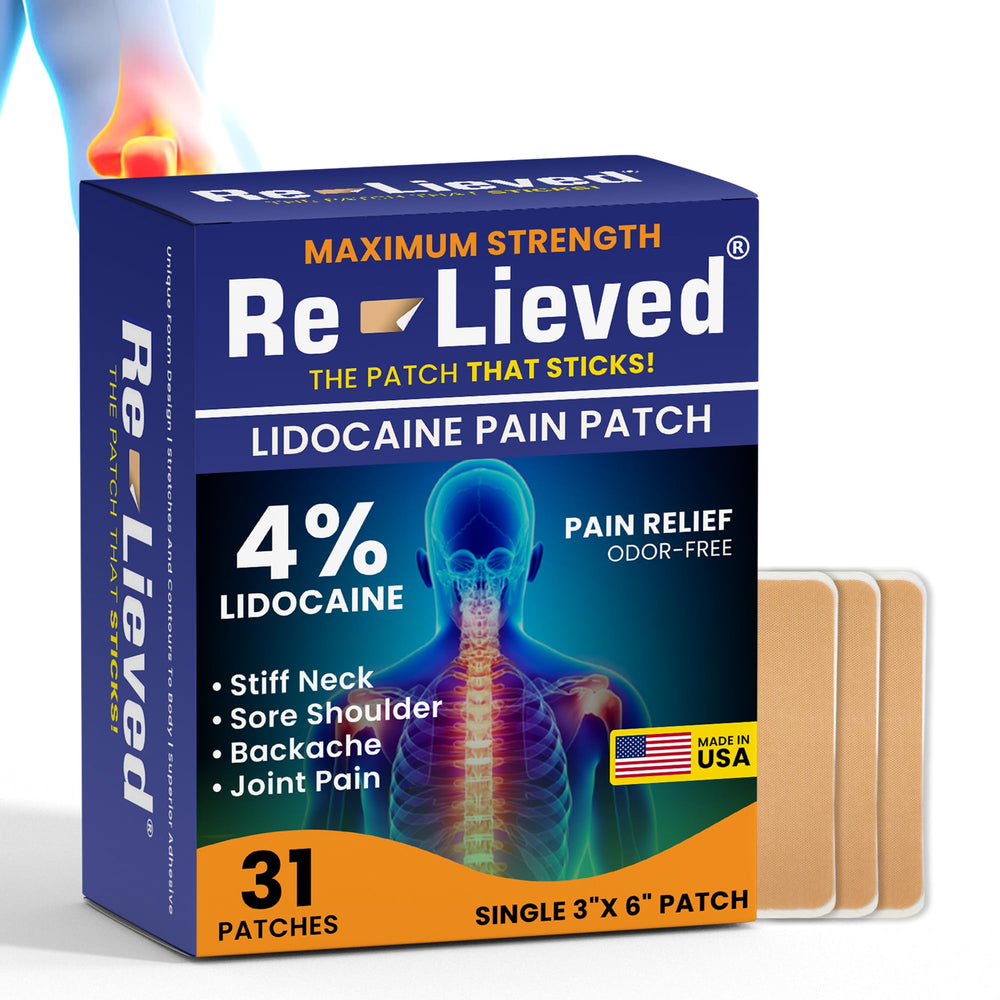 Re-Lieved patch applied to back showing targeted relief and easy adhesion.
