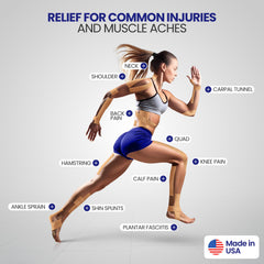 Re-lieved tape on knee providing secure, long-wearing support.