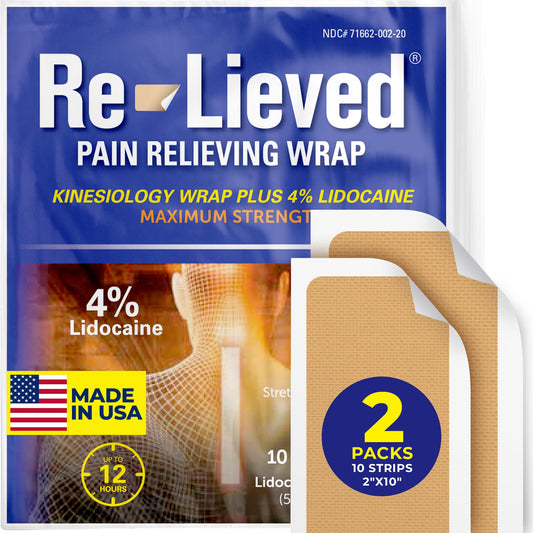 Re-lieved 4 percent lidocaine tape packaging for convenient relief.