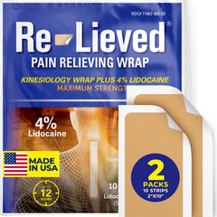 Re-lieved 4 percent lidocaine tape packaging for convenient relief.