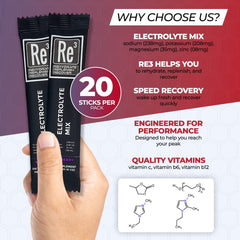 Re3 electrolyte packets mixed berry back view with nutrition highlights