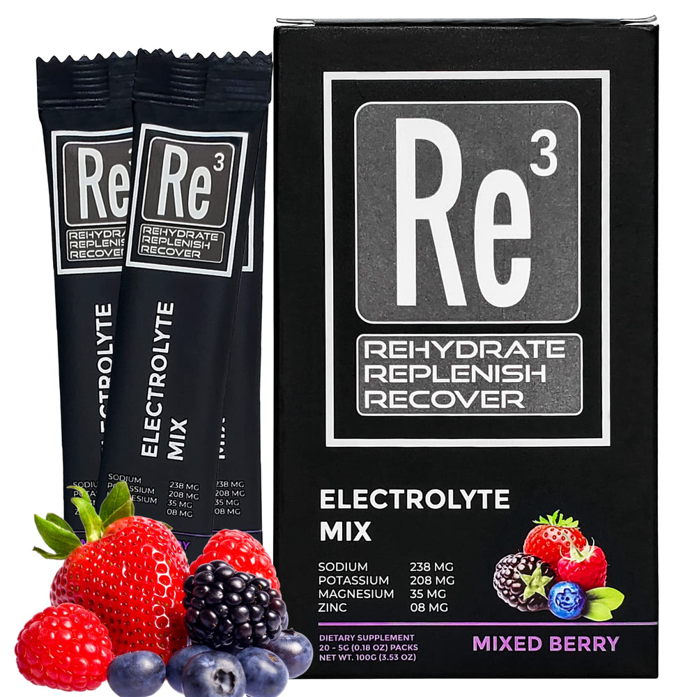 Re3 electrolyte packets mixed berry front view for on-the-go hydration