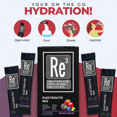 Re3 mixed berry electrolyte drink in glass, bright and refreshing
