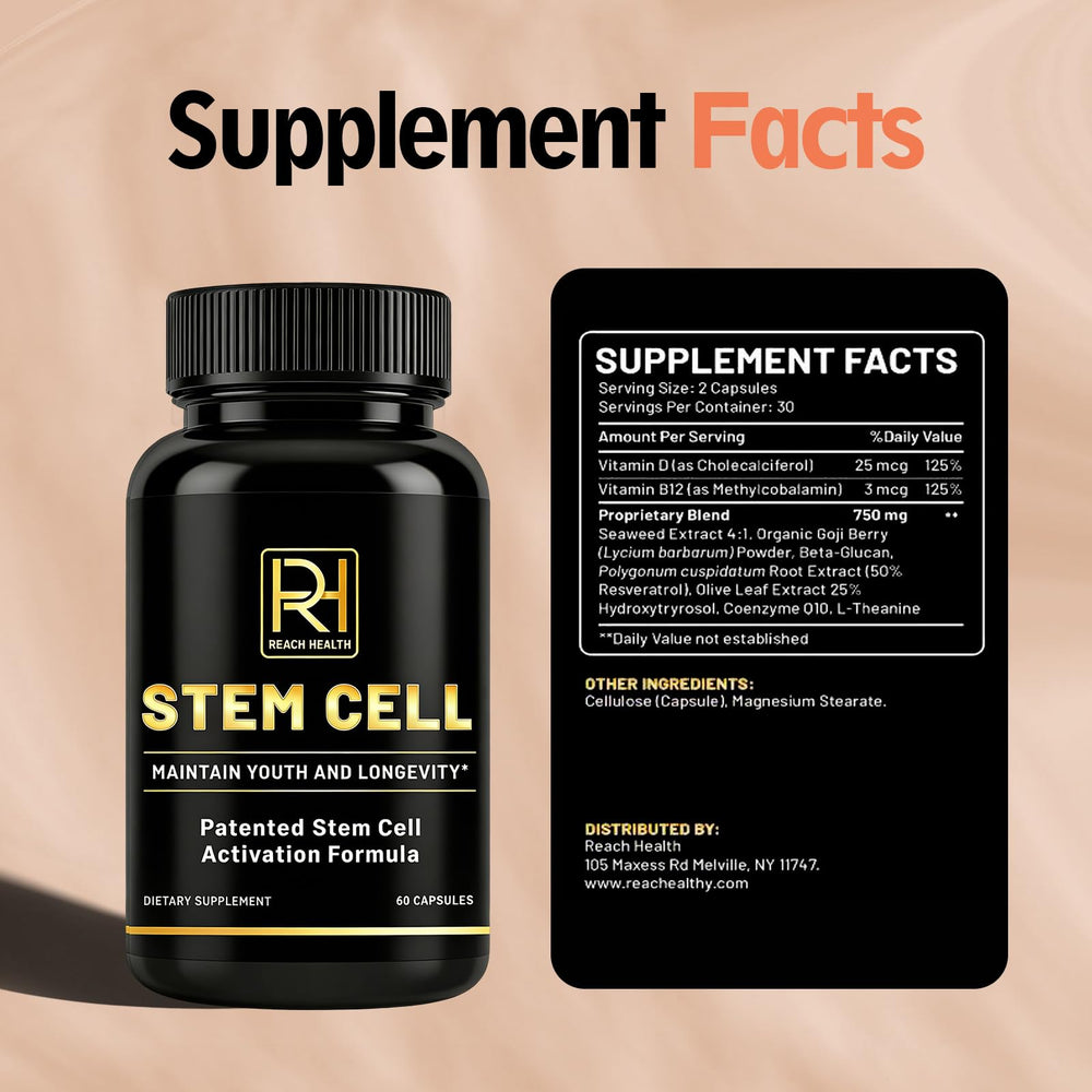 Close-up of REACH HEALTH stem cell activation capsules suitable for daily dosing.