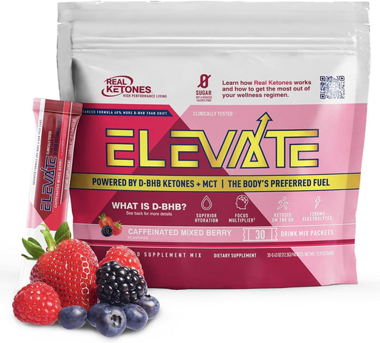 Real Ketones MCT & BHB drink packets in mixed berry, convenient hydration for ketosis.