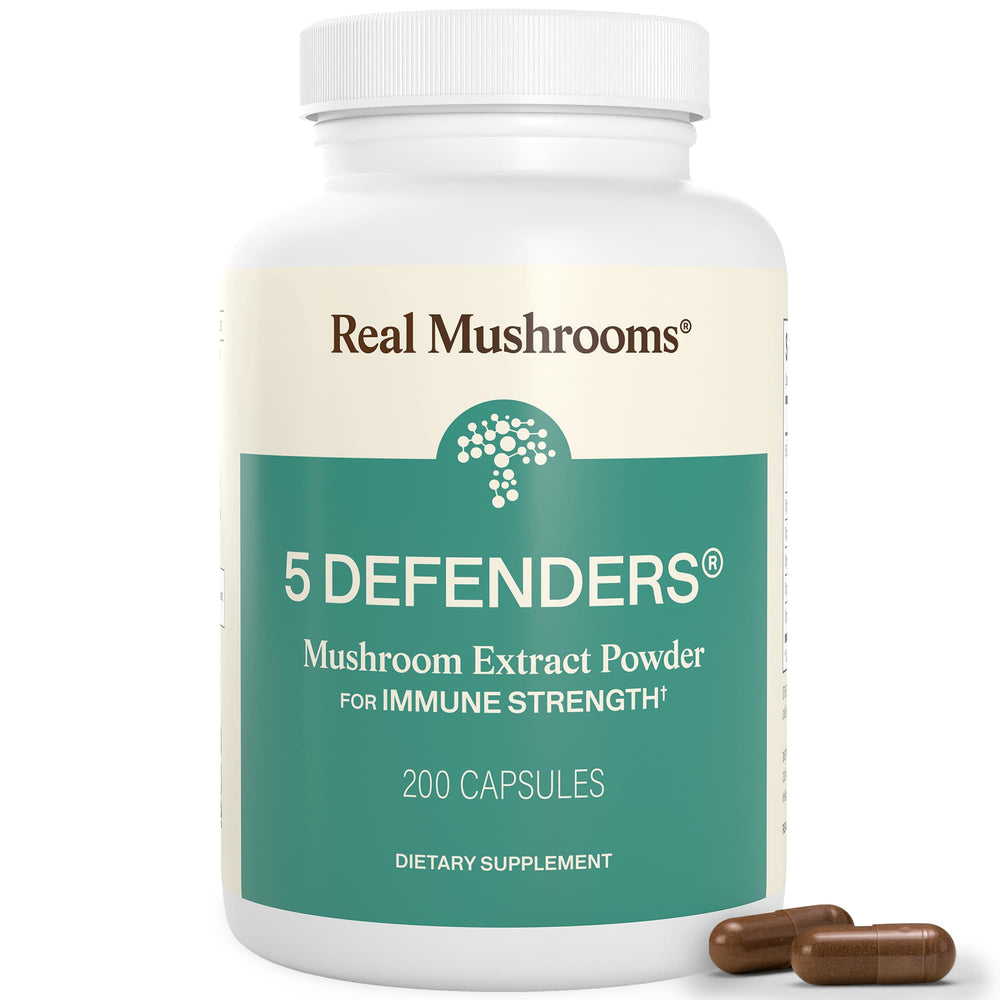 Real Mushrooms 5 Defenders bottle for daily adaptogenic support