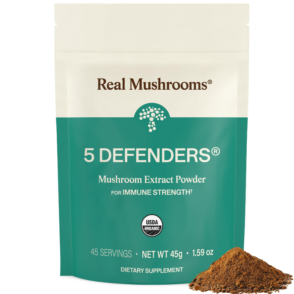 Real Mushrooms 5 Defenders front label showing the organic five-mushroom blend