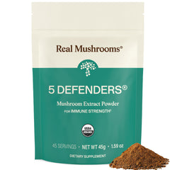 Real Mushrooms 5 Defenders front label showing the organic five-mushroom blend