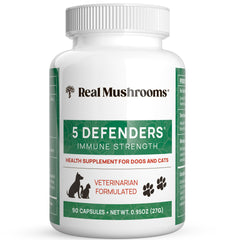 Real Mushrooms 5 Defenders pet supplement bottle for daily wellness support.