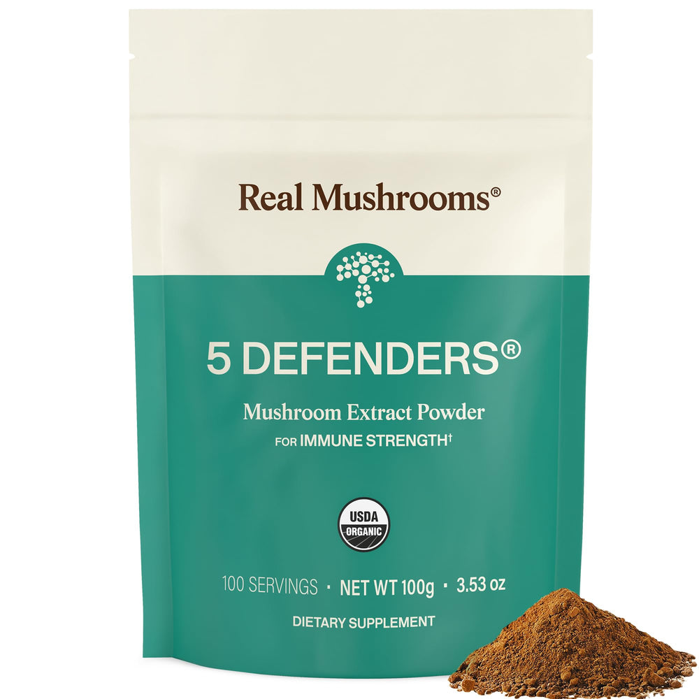 Real Mushrooms 5 Defenders powder jar, easy to blend into daily drinks.