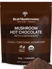 Real Mushrooms hot chocolate with reishi cup for a cozy, caffeine-free treat.