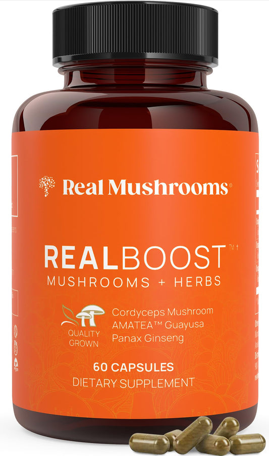Real Mushrooms RealBoost cordyceps bottle supports steady energy throughout the day.