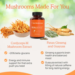 Real Mushrooms RealBoost packaging highlights USDA Organic and gluten-free status.