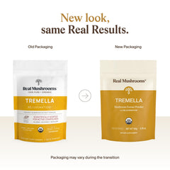 Real Mushrooms Tremella powder close-up showing fine texture ideal for mixing.