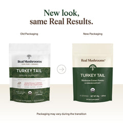 Real Mushrooms Turkey Tail powder scoop highlights easy daily dosing.