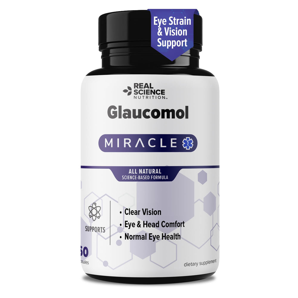 Real Science Glaucomol Miracle bottle demonstrates daily eye wellness support