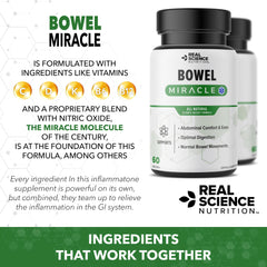 Real Science Nutrition Bowel Miracle packaging in use for comfortable digestion
