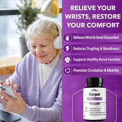 Carpal Miracle capsules close-up showing easy daily dose for wrist comfort.