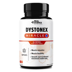 Real Science Nutrition Dystonia Miracle bottle on counter supports daily wellness.