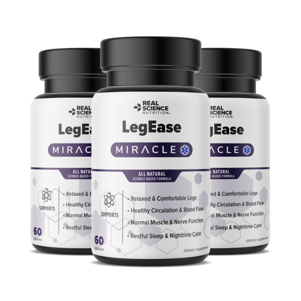 Real Science Nutrition LegEase Miracle bottle on nightstand supports peaceful sleep.