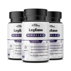 Real Science Nutrition LegEase Miracle bottle on nightstand supports peaceful sleep.