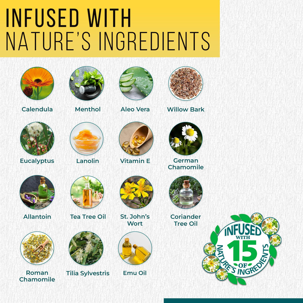 Ingredient spotlight features menthol, tea tree oil, and vitamin E for natural care.