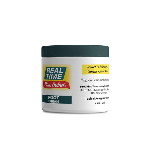 Real Time Pain Relief foot cream jar front showcasing soothing formula for tired feet.