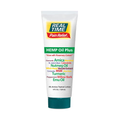 Real Time Pain Relief Hemp Oil Plus bottle front with clear label, ready for daily use