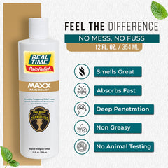 Real Time Pain Relief MAXX bottle back label shows ingredients and usage tips.