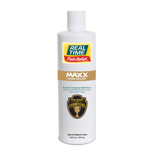 Real Time Pain Relief MAXX bottle in 16 oz size with relief-focused label