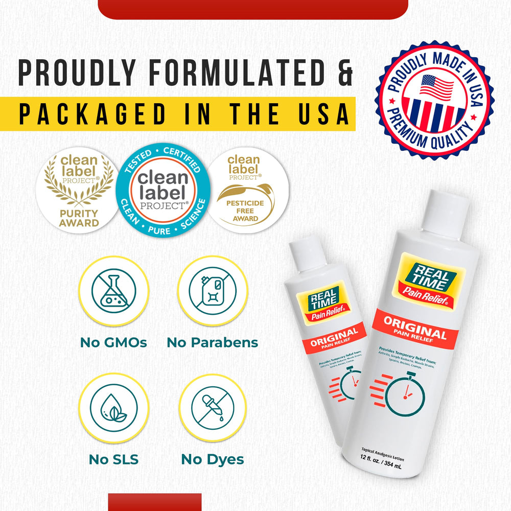 Real Time Pain Relief USA-made badge emphasizes trusted family-friendly solution