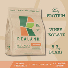 Realand grass-fed whey isolate powder close-up highlights purity and clarity