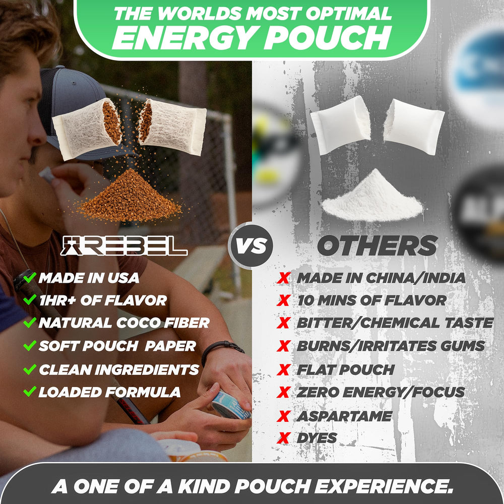 100mg caffeine label on Rebel Energy Pouch for steady energy