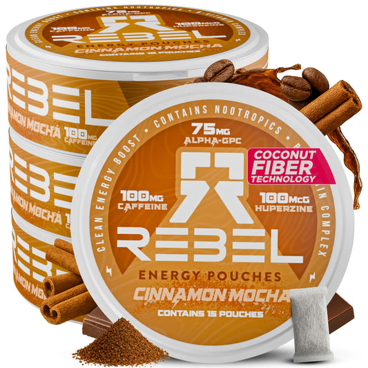 Rebel Supplements Nootropic Energy Cinnamon Mocha pouch can front delivers steady focus without jitters.