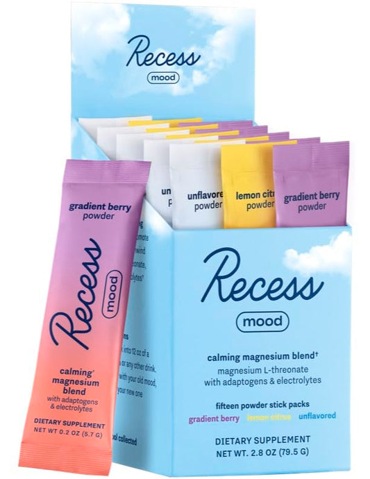 Recess Mood Powder sampler box front view for on-the-go calm.