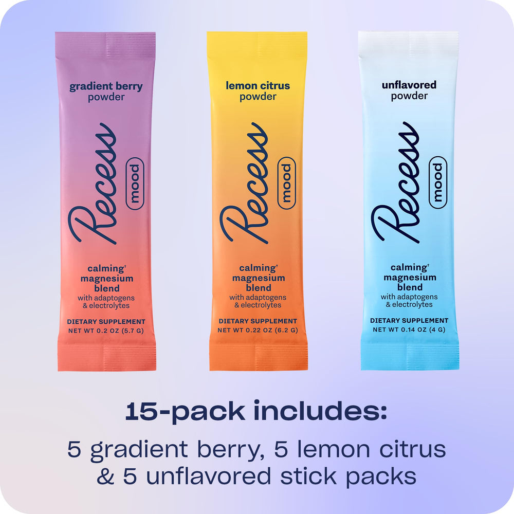 Recess Mood Powder sampler showing gradient berry and lemon citrus flavor packets.