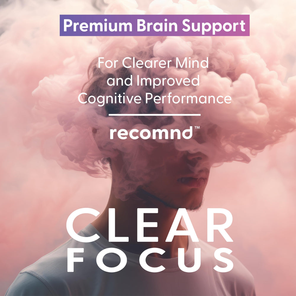 recomnd Clear Focus capsules close-up highlighting easy-to-take memory and focus aid.