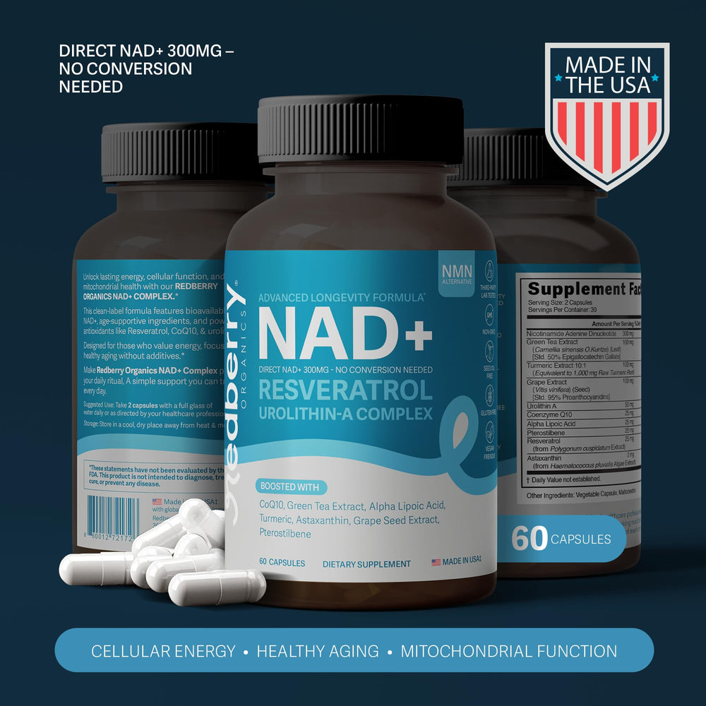 Front label of Redberry NAD Plus highlighting 300 mg NAD+.