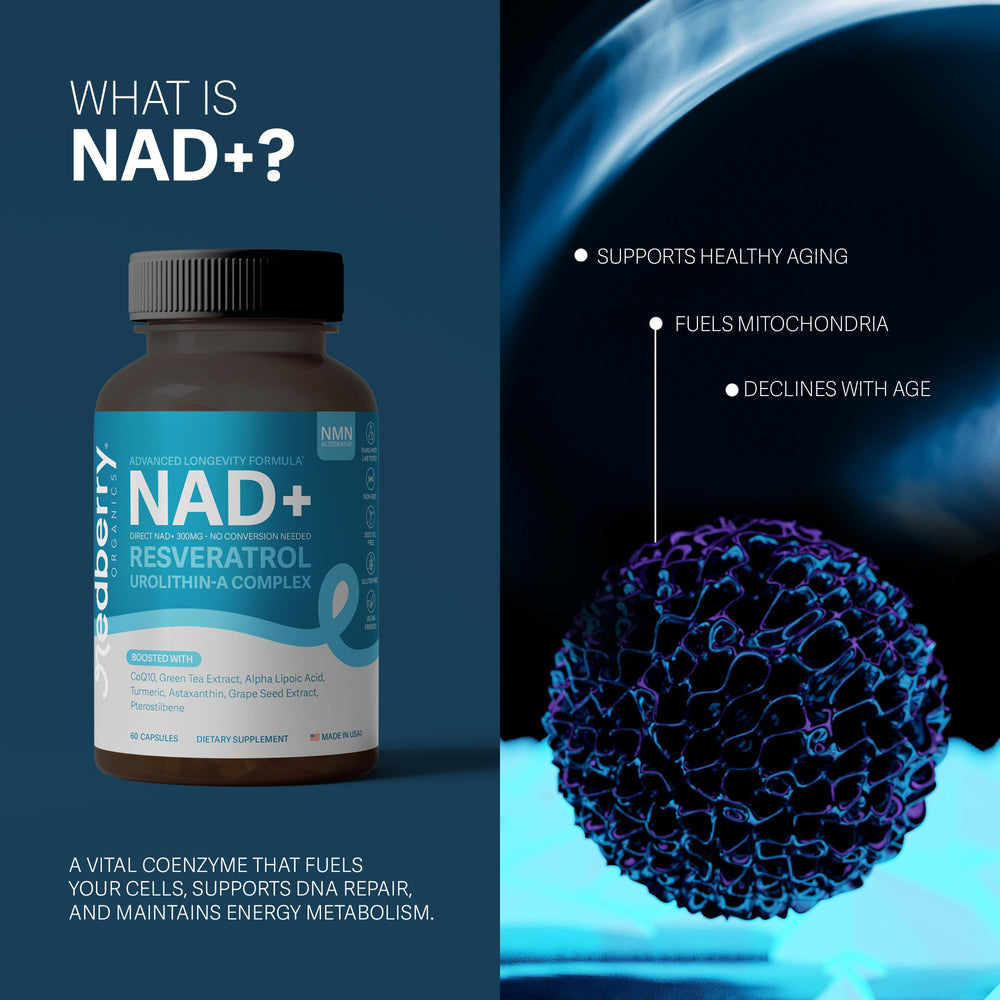 Redberry NAD Plus packaging with clean, non-GMO attributes.