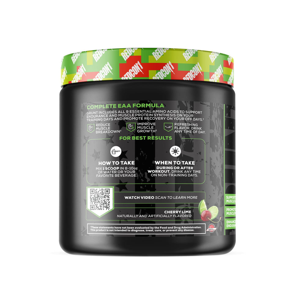 REDCON1 Grunt EAAs Cherry Lime label highlights the nine essential amino acids
