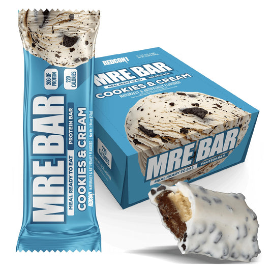 REDCON1 MRE Bar Cookies & Cream packaging for quick protein on the go.