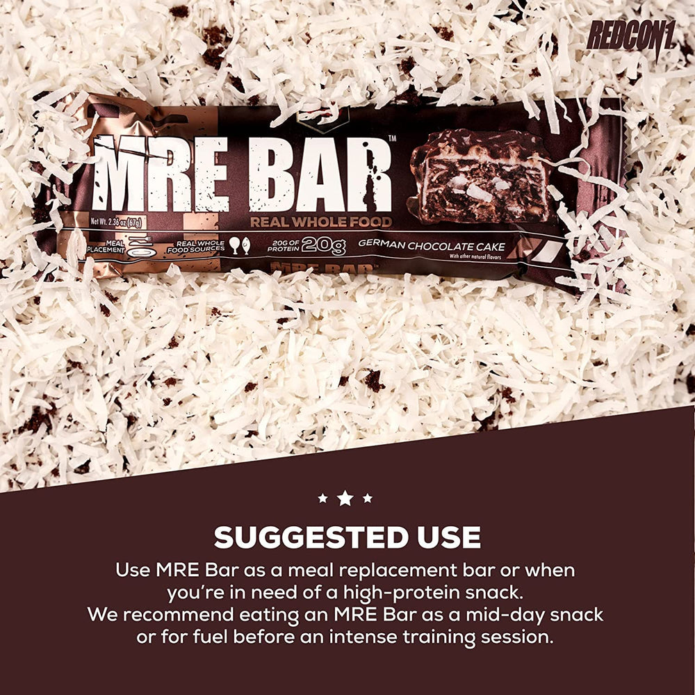 Redcon1 MRE Bar German Chocolate Cake on-the-go lifestyle, ideal pre-workout support.