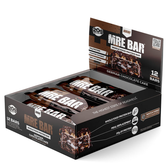Redcon1 MRE Bar German Chocolate Cake wrapped, convenient on-the-go meal replacement.