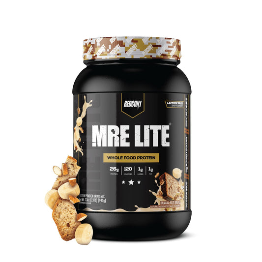 REDCON1 MRE LITE banana nut bread tub shows nutrition labeling for meal planning