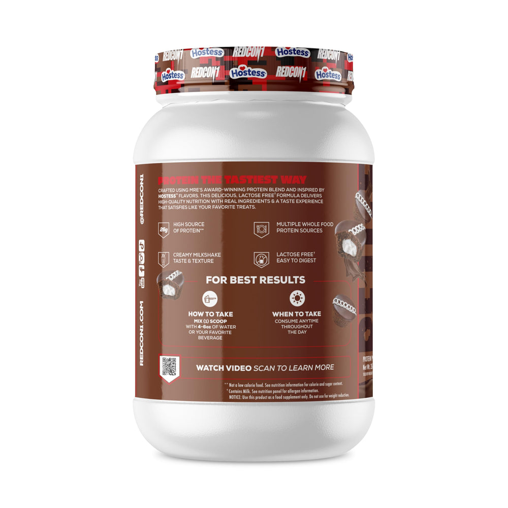 REDCON1 MRE Lite Hostess Cupcakes ingredients—beef, salmon, chicken, egg, brown rice, pea protein.