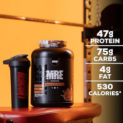 Redcon1 MRE powder being poured into a glass for a high protein shake