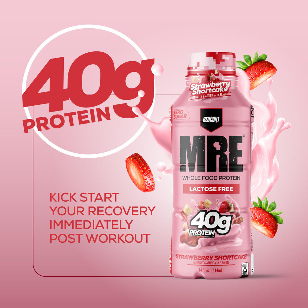 Redcon1 MRE RTD strawberry shortcake label emphasizes lactose-free, sugar-free nutrition with real ingredients.
