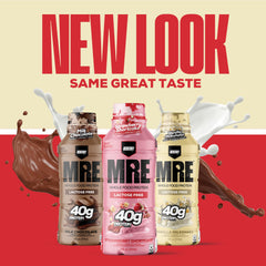 Redcon1 MRE RTD strawberry shortcake packaging highlights 40g whole-food protein blend for balanced nutrition.