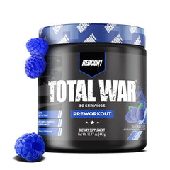 RedCon1 Total War Blue Raspberry powder scoop showing quick energy for training